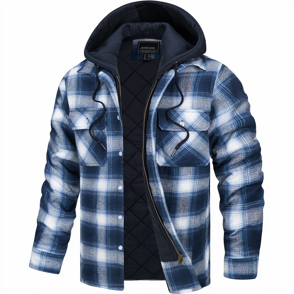 Silas Men's Plaid Pattern Exterior Attached Hood Detail Layered Front Closure Jacket, side view