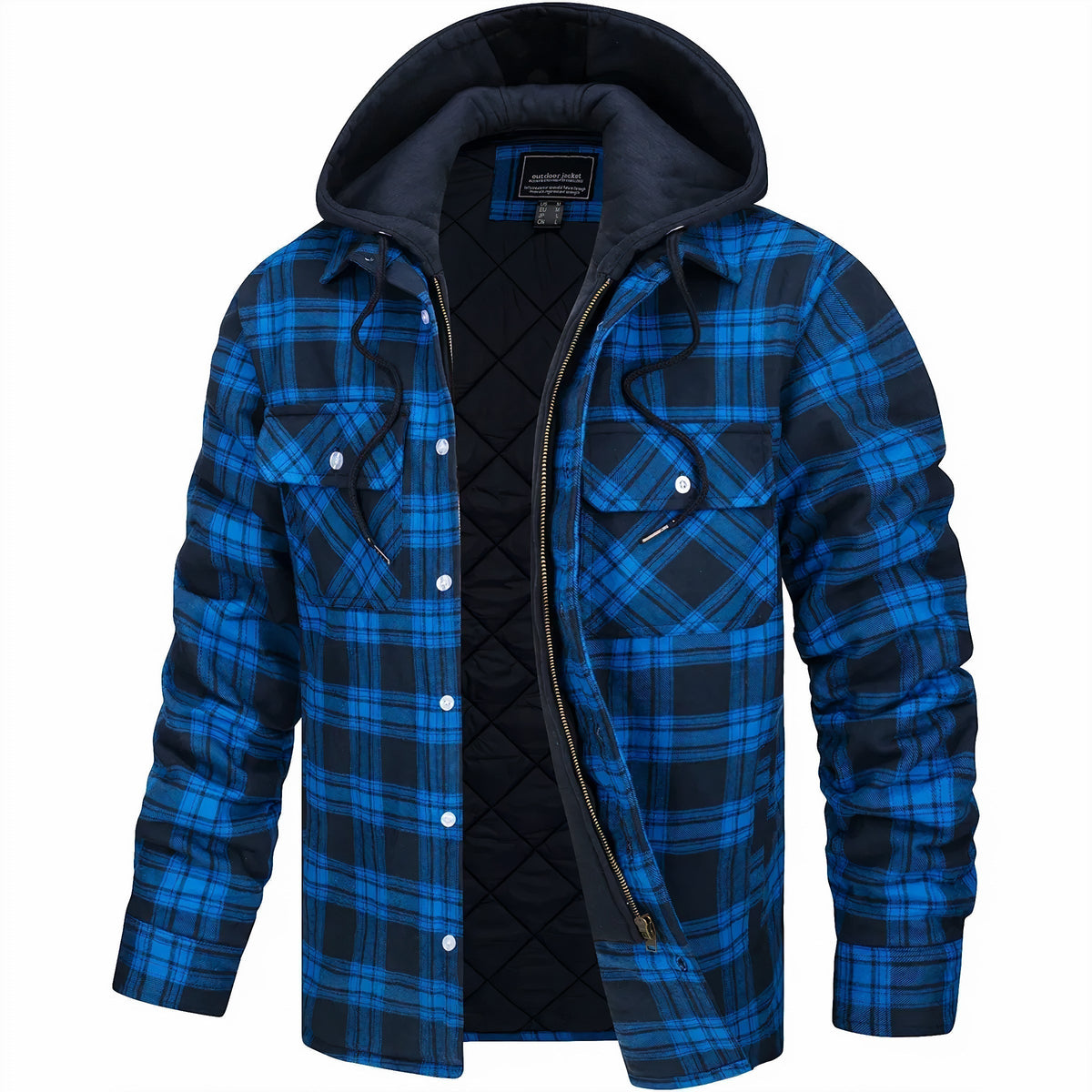 Silas Men's Plaid Pattern Exterior Attached Hood Detail Layered Front Closure Jacket, front view
