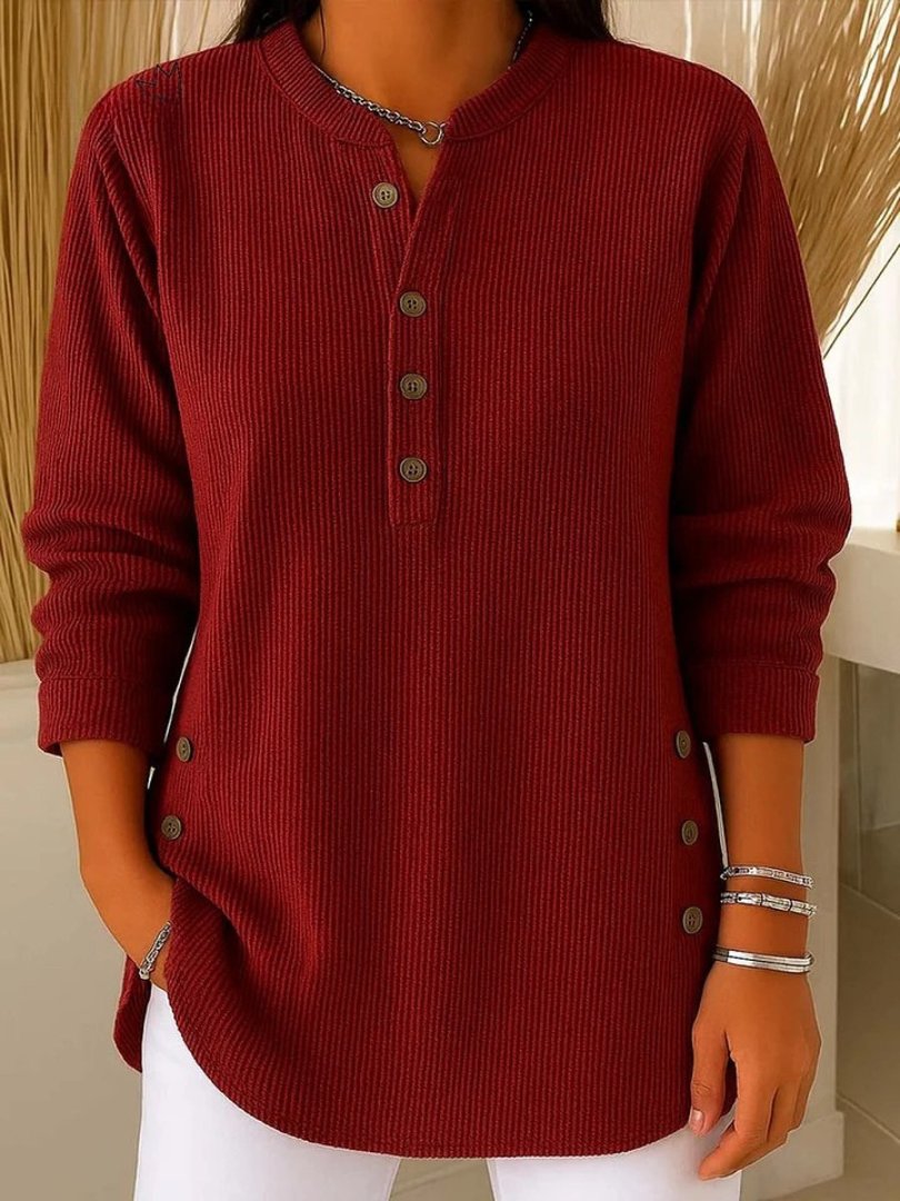 Josephine Women's Crew Neck Button Details Ribbed Knit Texture Sweater, side view