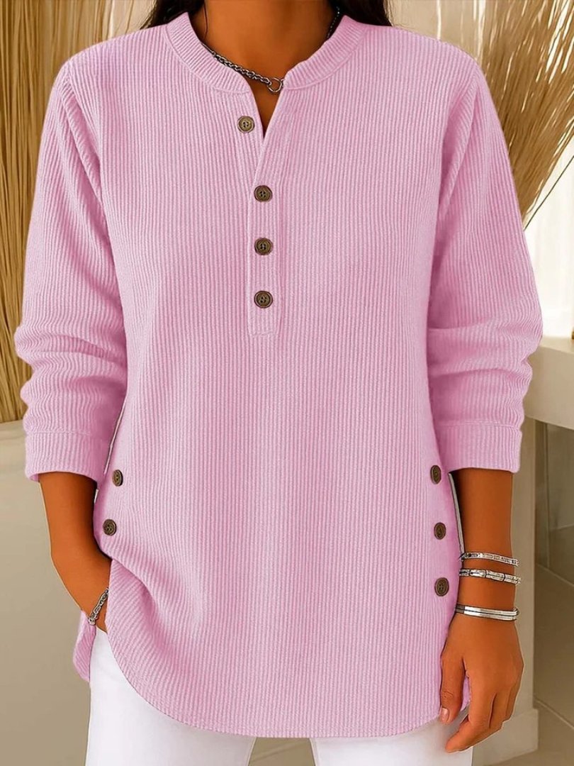 Josephine Women's Crew Neck Button Details Ribbed Knit Texture Sweater, close-up detail