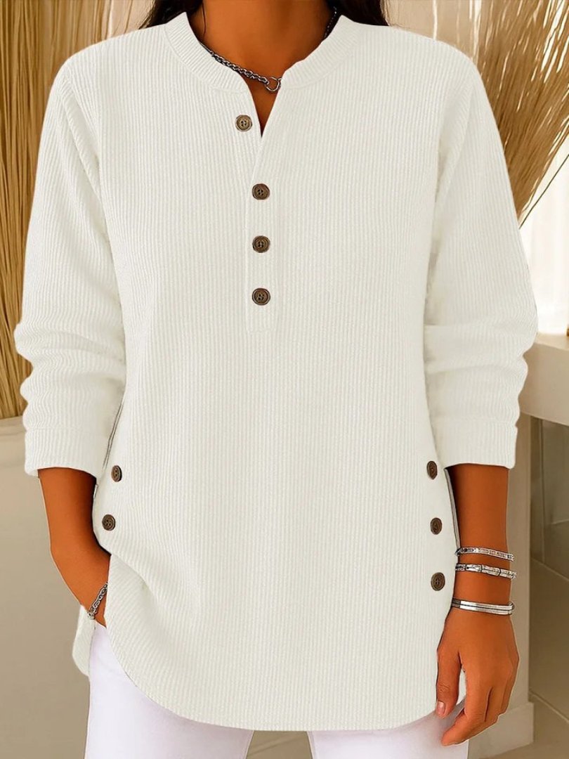 Josephine Women's Crew Neck Button Details Ribbed Knit Texture Sweater, styled outfit