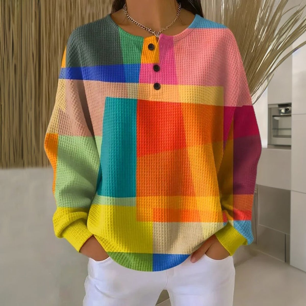 Women's Colorblock Eye-catching Print Waffle-knit Texture Sweater, front view
