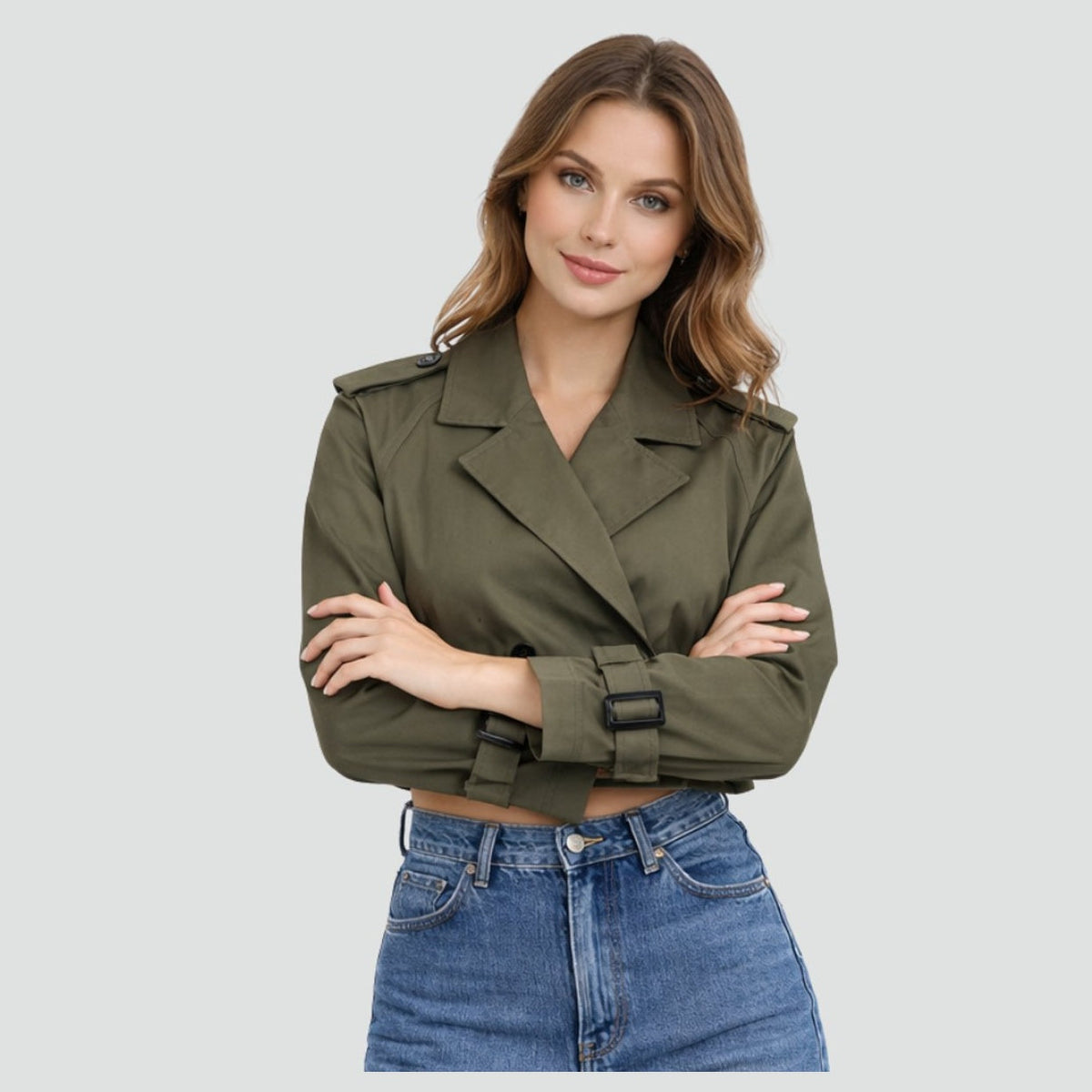 Women's Trench Jacket Cropped Button-Front, side view