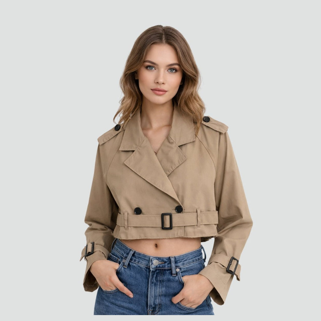 Women's Trench Jacket Cropped Button-Front, close-up detail