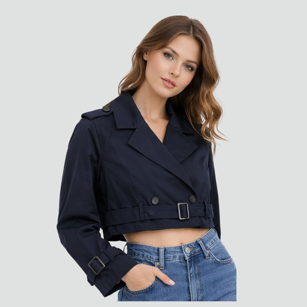 Women's Trench Jacket Cropped Button-Front, styled outfit