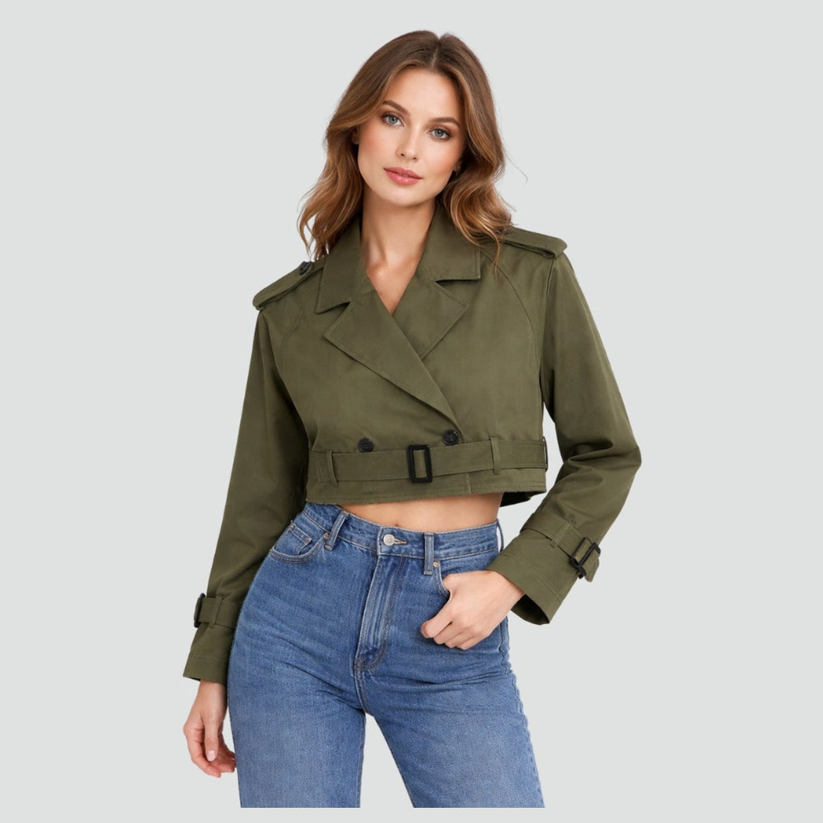Women's Trench Jacket Cropped Button-Front, view 9