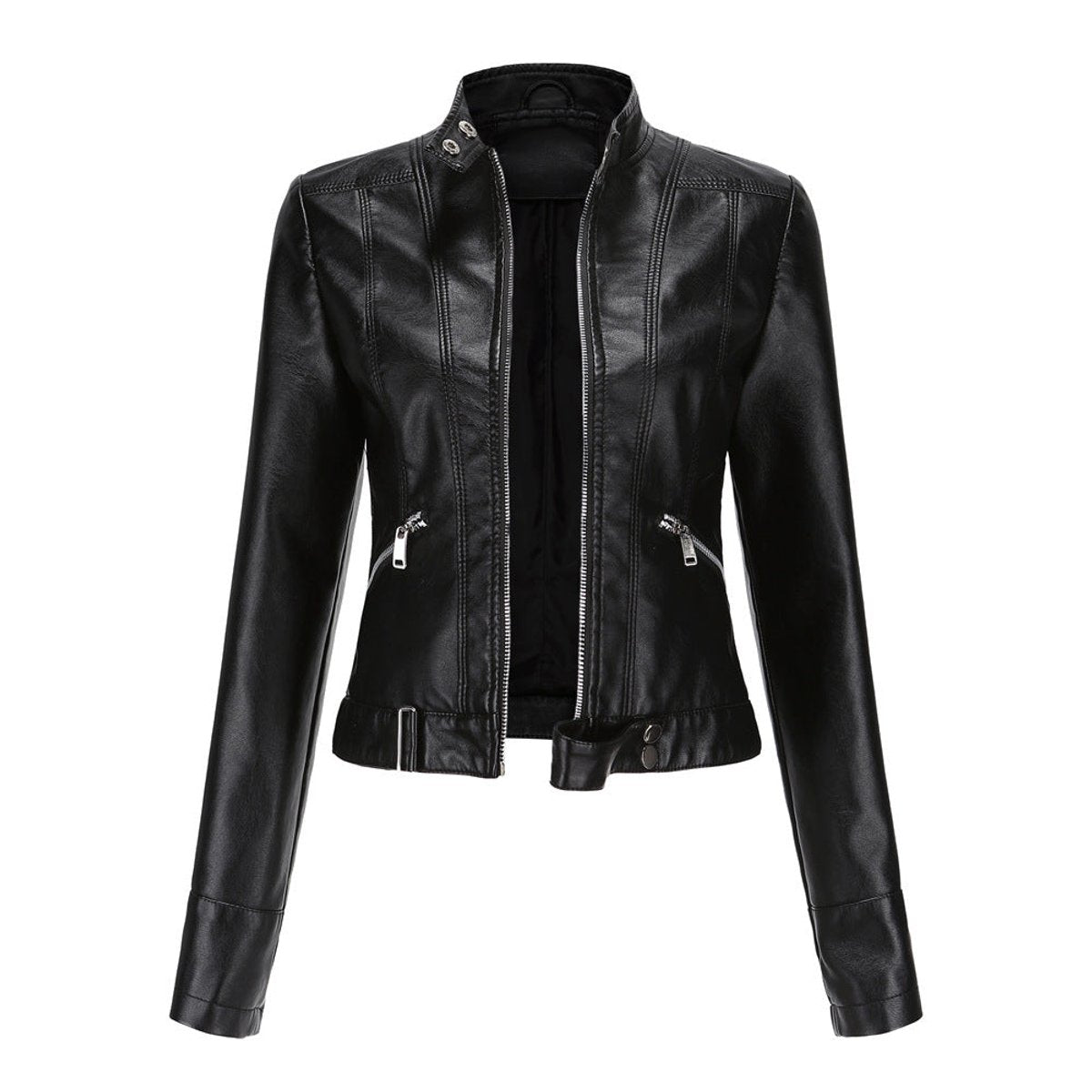 Linda Women's Cropped Faux Leather Stand-Collar Moto Biker Jacket, front view