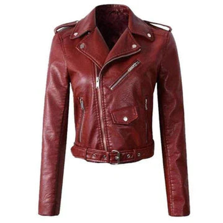 Gina Women's Cropped Faux Leather Belted Moto Biker Jacket, front view