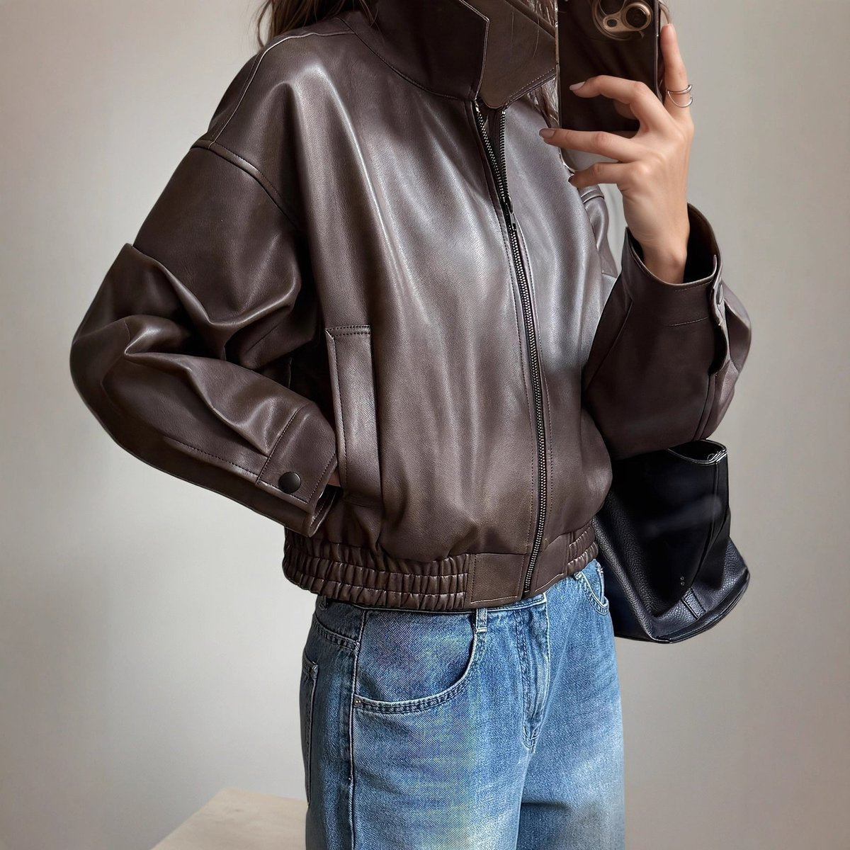 Women's Faux Leather Bomber Jacket Zip-Up Sleeve, front view