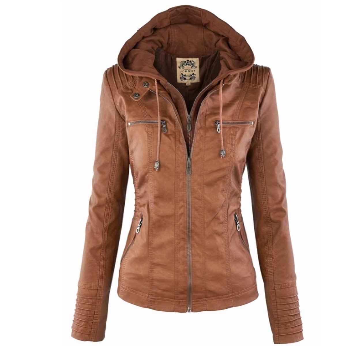 Olivia Women's Hooded Moto Faux Leather with Removable Hood Jacket, front view