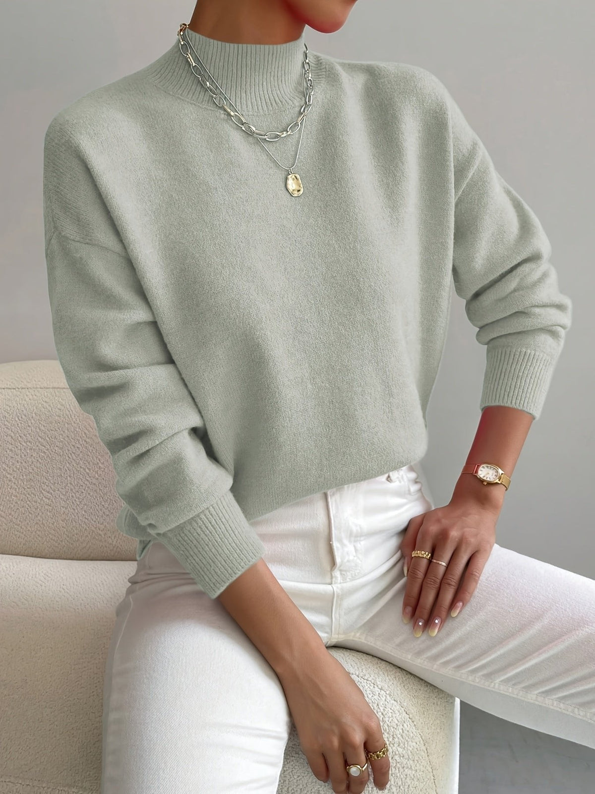 Women's Mock Turtleneck Ribbed Cuffs Collar Sweater, front view
