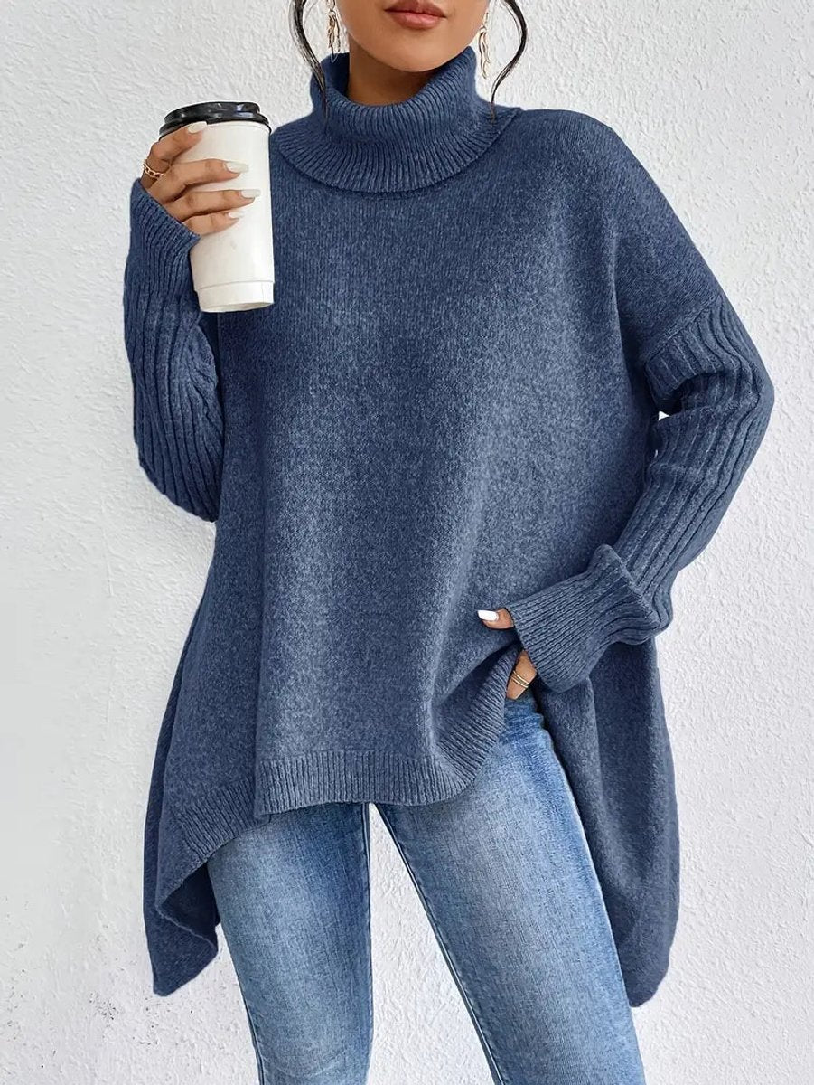 Women's Oversized Ribbed Turtleneck High-Low Hem Sweater, front view