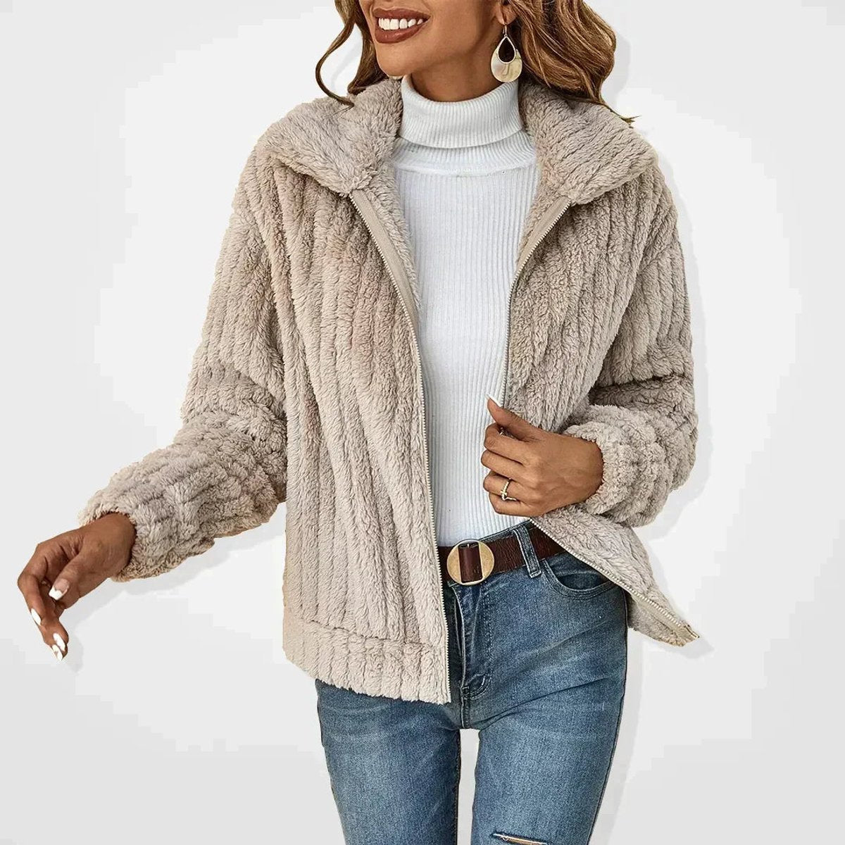Women's Quilted Winter Jacket Fluffy Zip-Up, front view