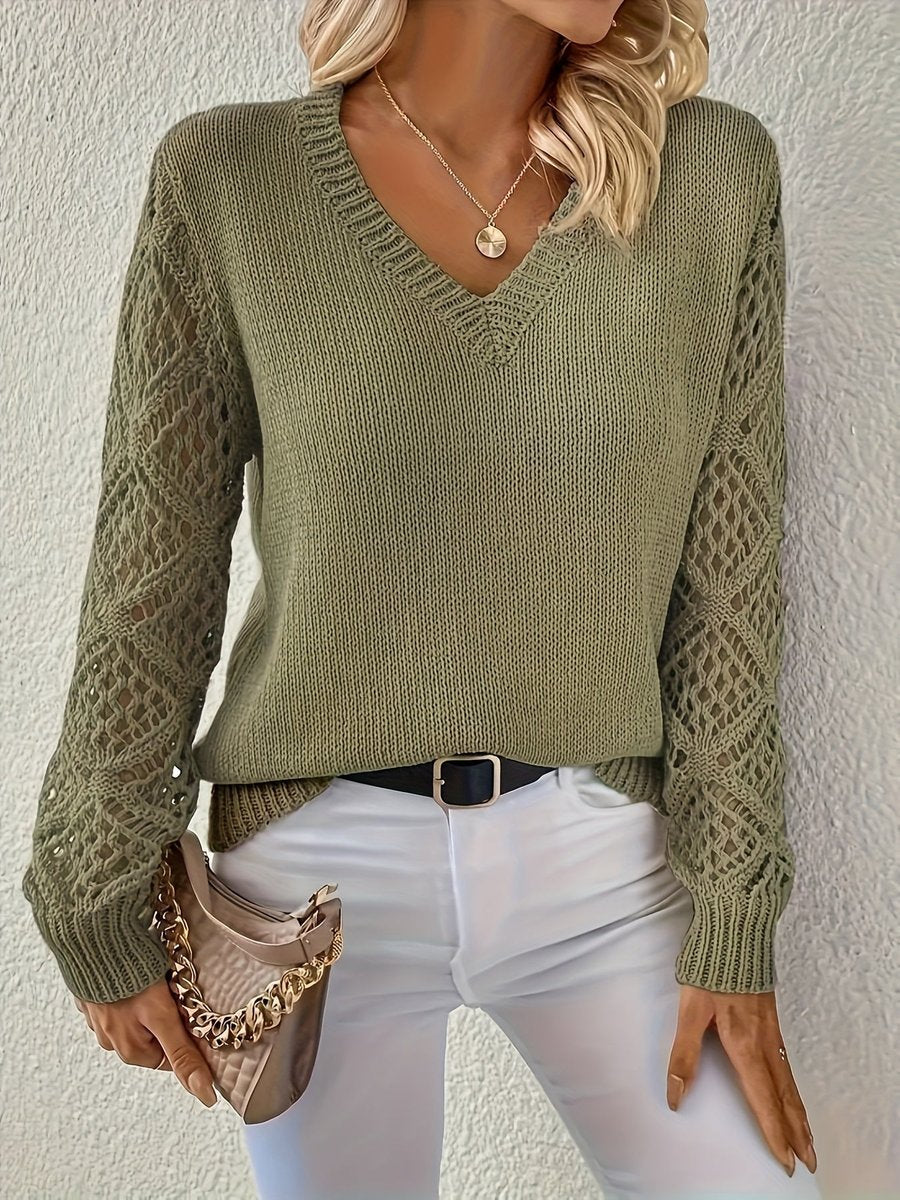 Women's V-Neck Open-Weave Sleeves V-Neckline Sweater, front view