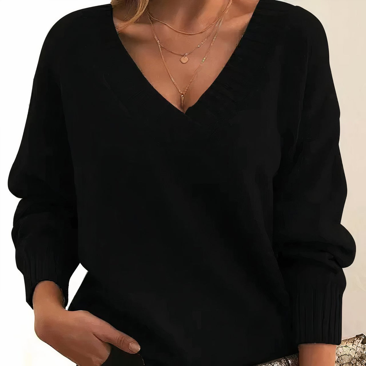 Women's Soft-Knit V-Neckline Ribbed Cuff Detail Sweater, front view